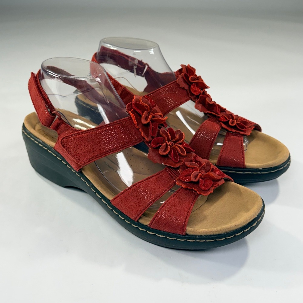Clarks Merliah Sheryl Sandals Womens 11 Red Floral Wedge Slingback Comfort Boho